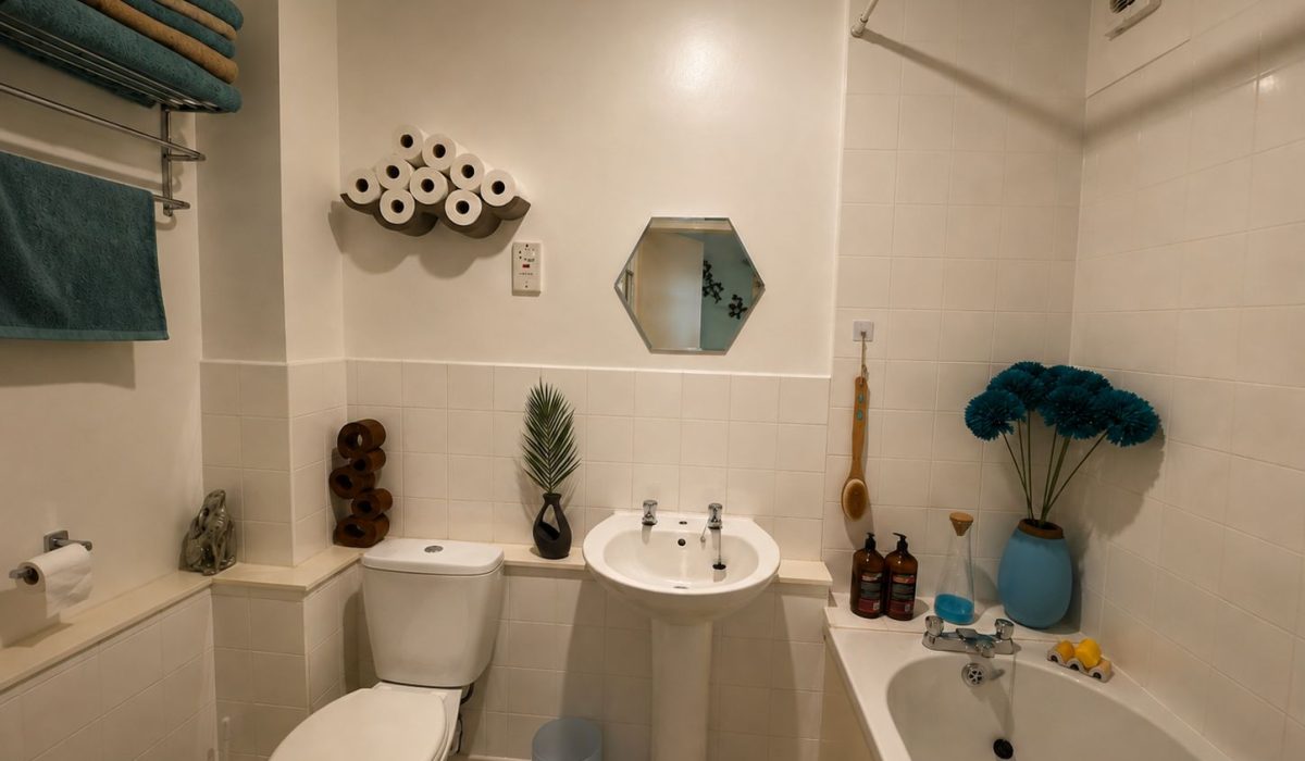 Bathroom with white suite in one bedroom flat to rent at Mayfield Court Heathfield